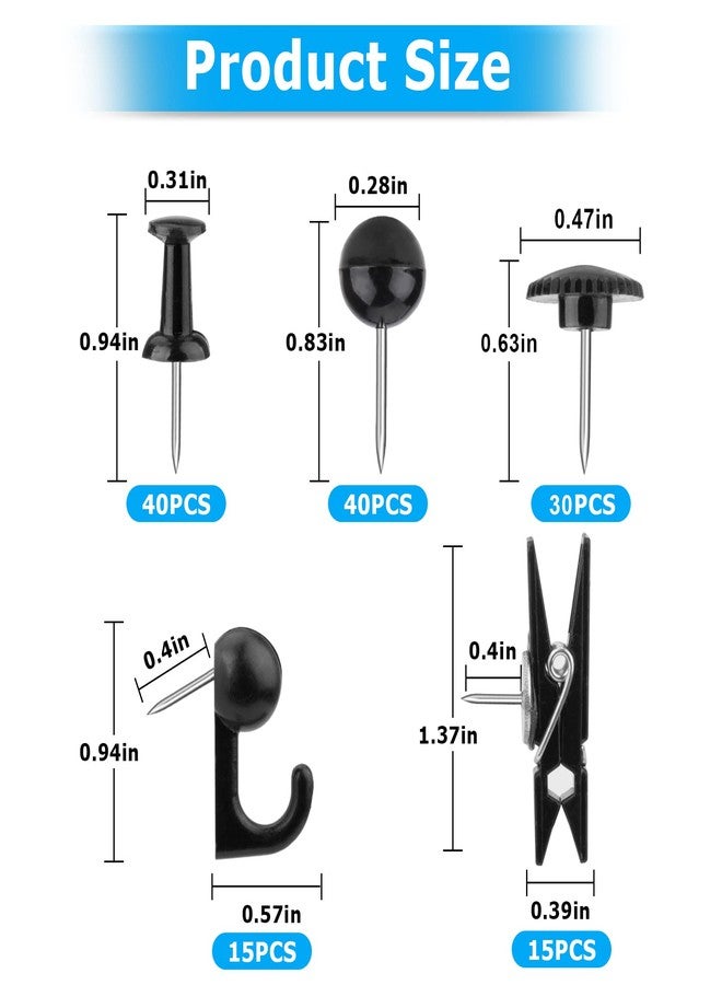 Yalis Black Push Pins Set, 5 Styles 140-count Thumb Tacks Map Pins, Steel Point and Dark Plastic Head Pushpins Black Thumbtacks for Cork Board Bulletin Boards (Black-140pcs) - Image 2